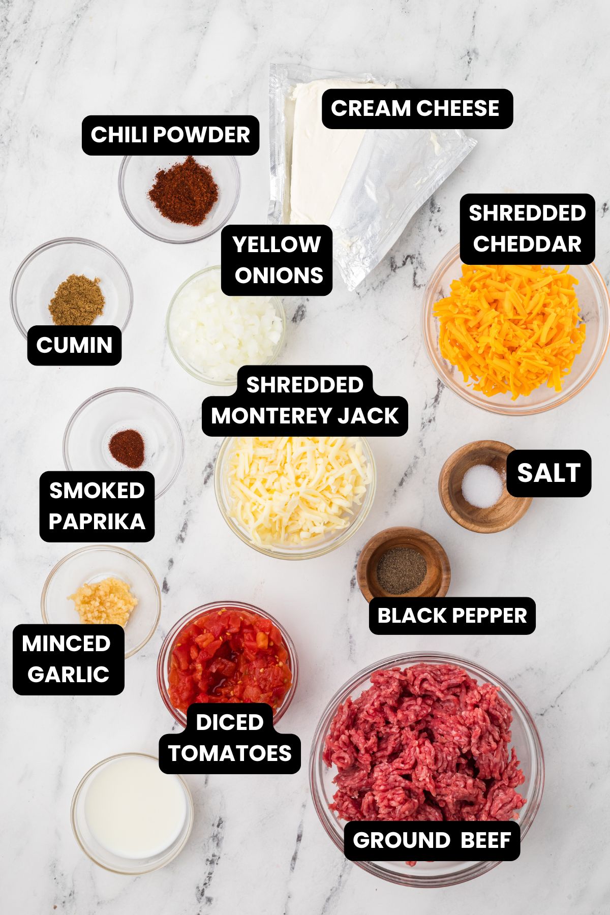 CHILI CHEESE DIP INGREDIENTS WITH TEXT OVERLAY.