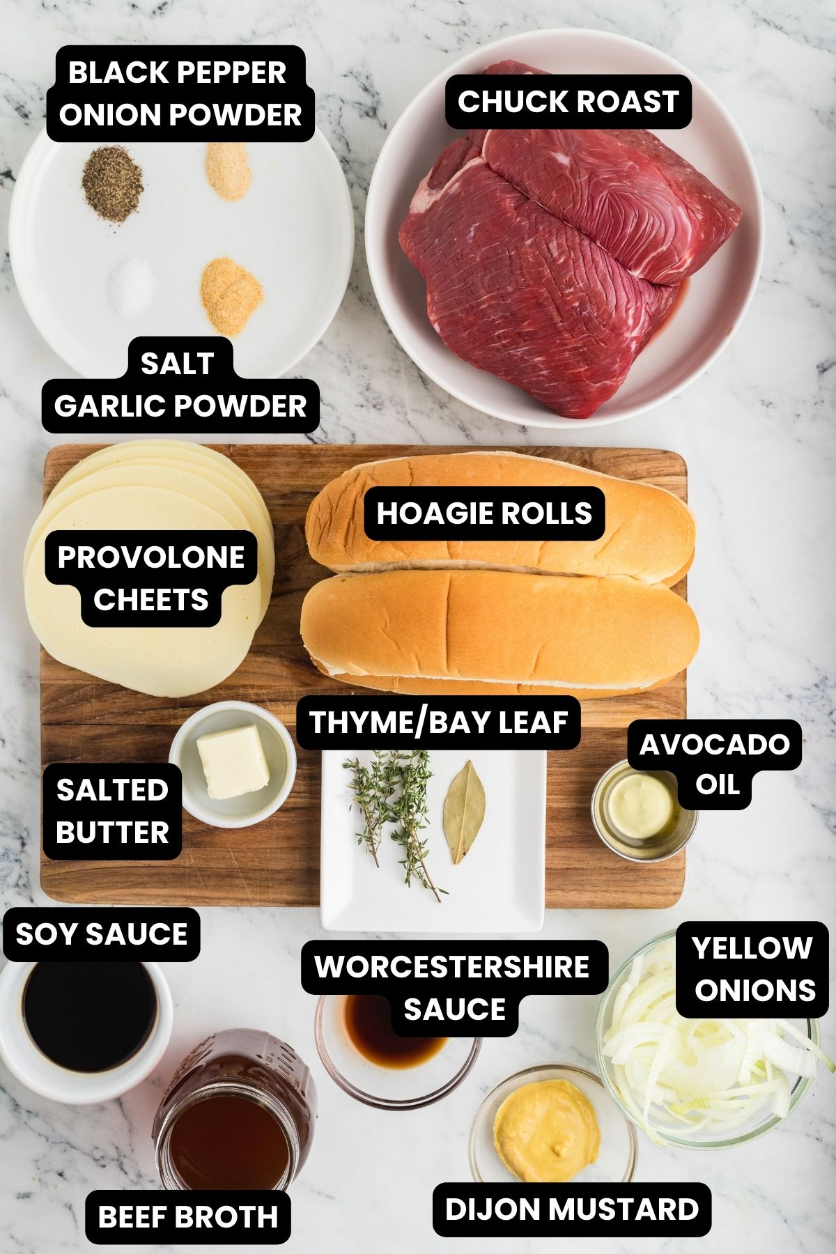 INGREDIENTS WITH TEXT OVERLAY TO MAKE SLOW COOKER FRENCH DIPS.