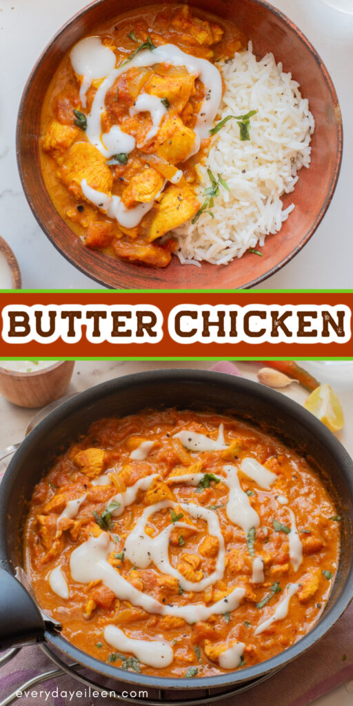Butter Chicken Pinterest Pin with text overlay.
