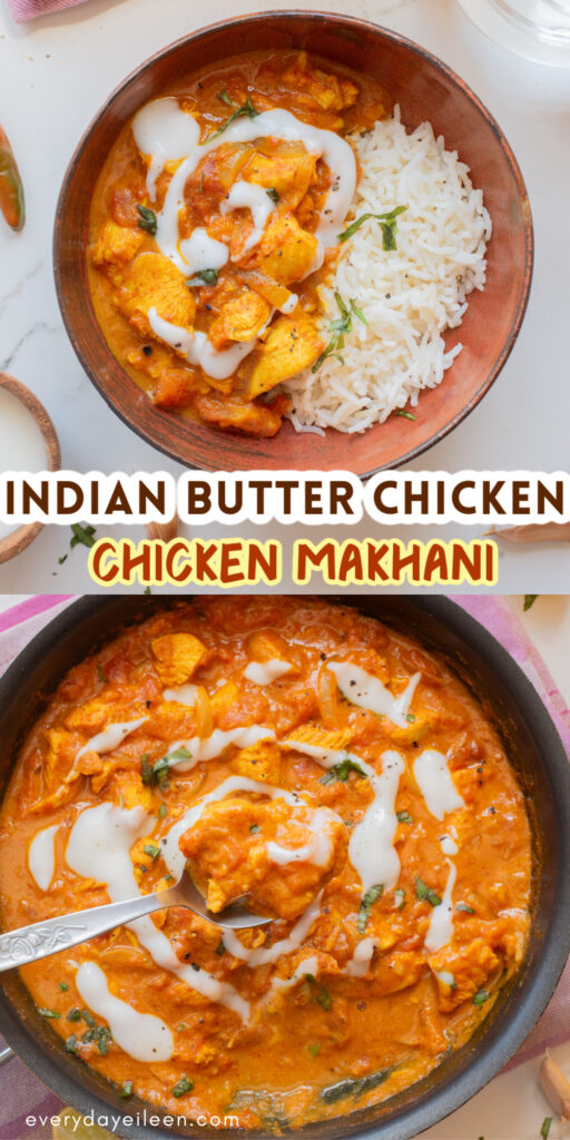 Indian butter chicken chicken makhani Pinterest pin with text overlay.