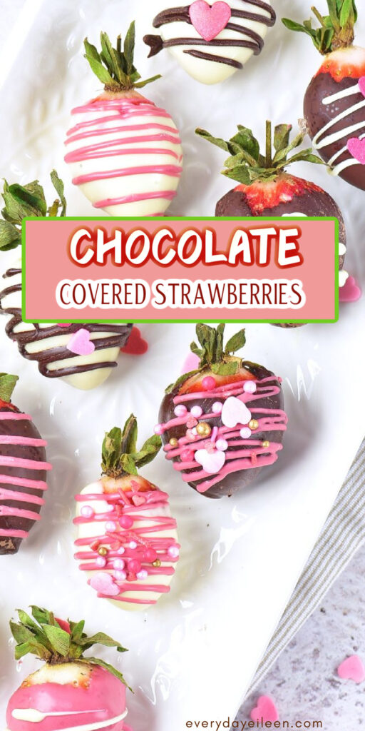 Pinterest pin for easy Chocolate dipped Strawberries with a drizzle.