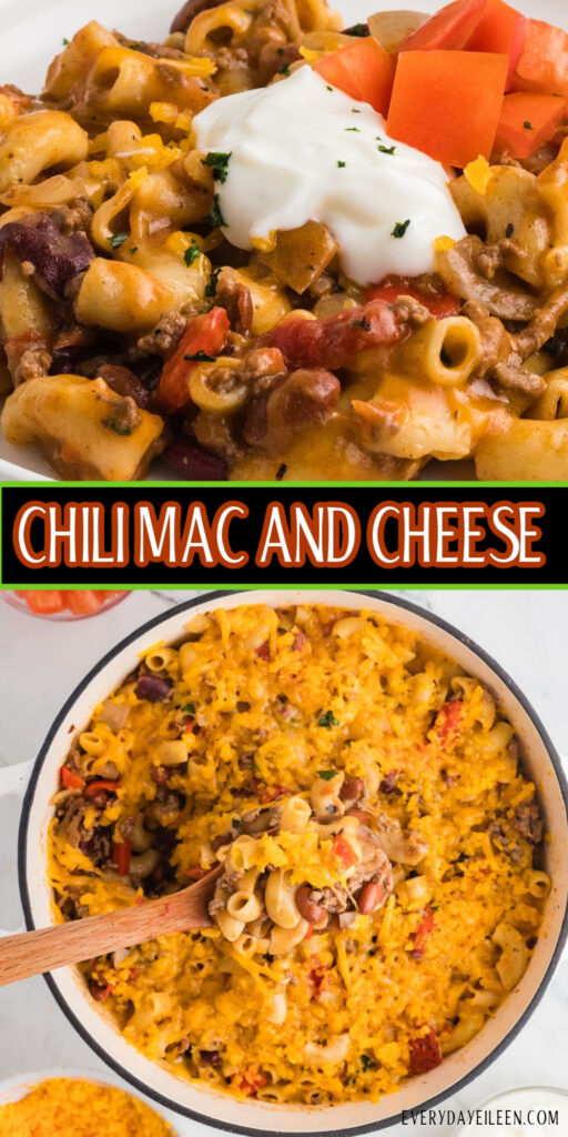 Creamy beef chili mac recipe Pinterest pin.