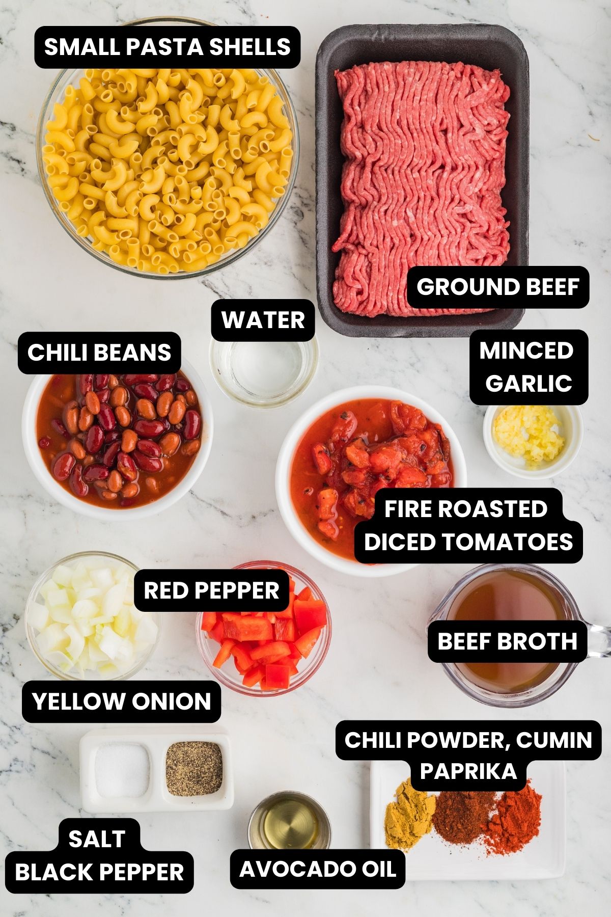 Ingredients to make Chili Mac and Cheese with text overlay.