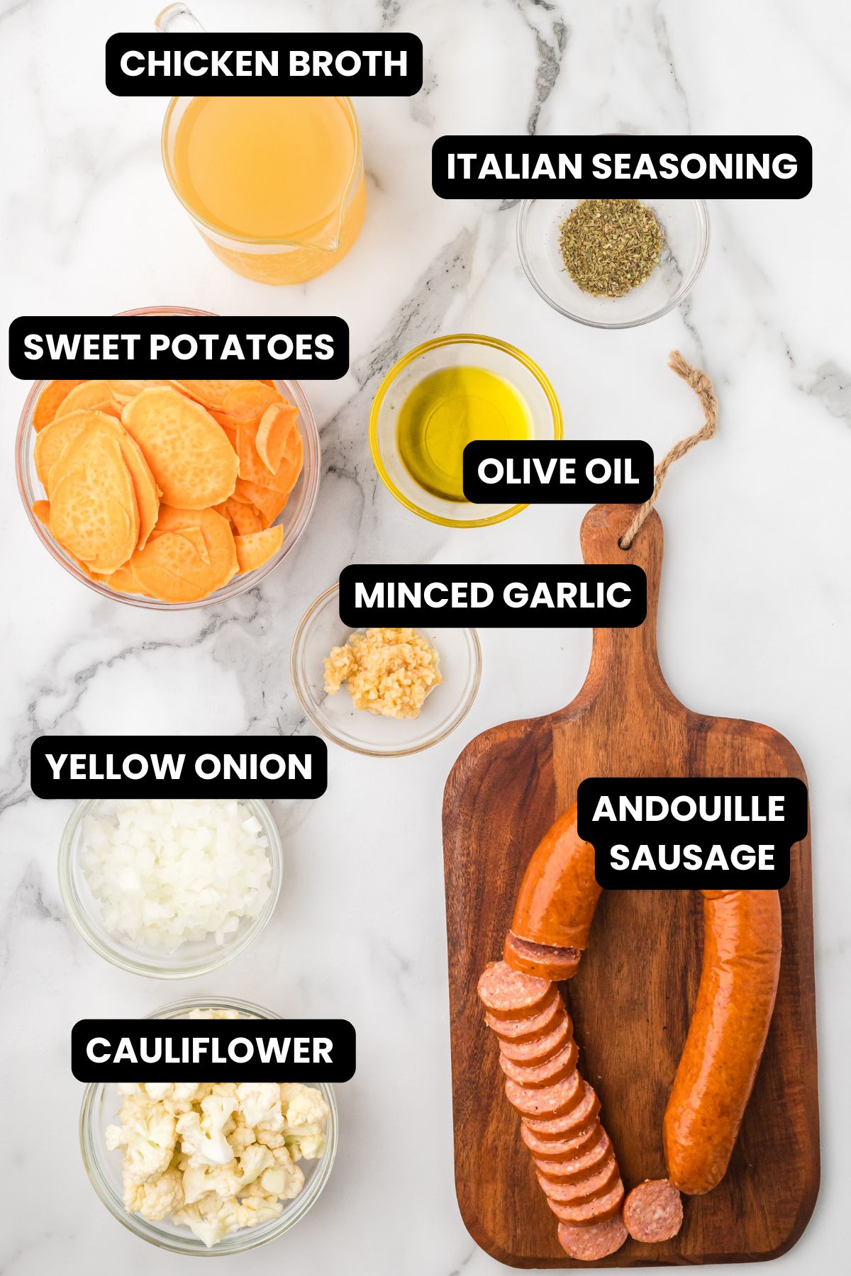 Ingredients to make sweet potato cauliflower soup with andouille sausage.