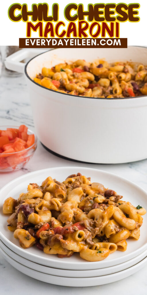 Pinterest Pin chili mac and cheese pinterest pin with text overlay.