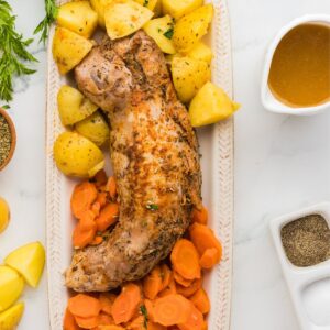 Pork tenderloin made in the instant pot with potatoes.