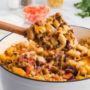 Chili mac and cheese in a pot.