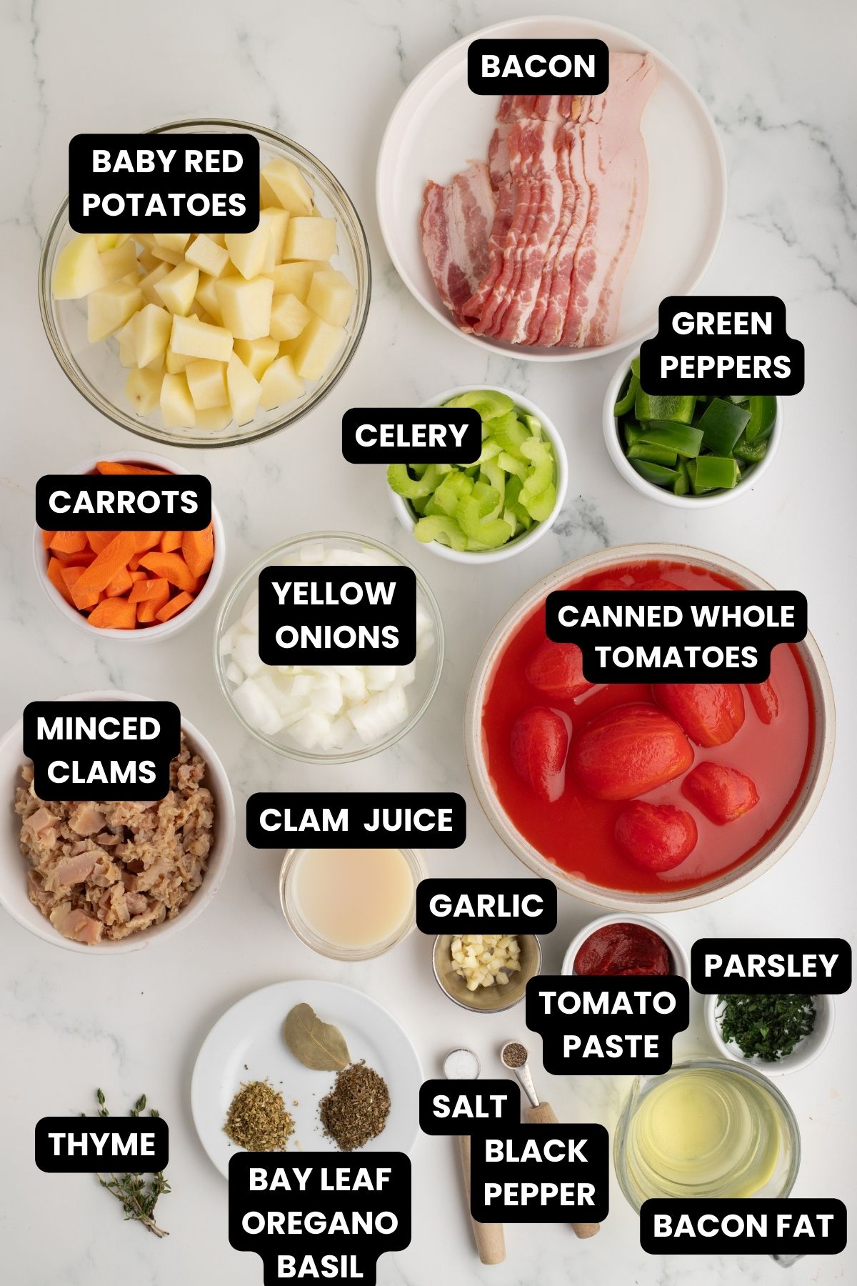 Ingredients for Manhattan Clam Chowder with text overlay.
