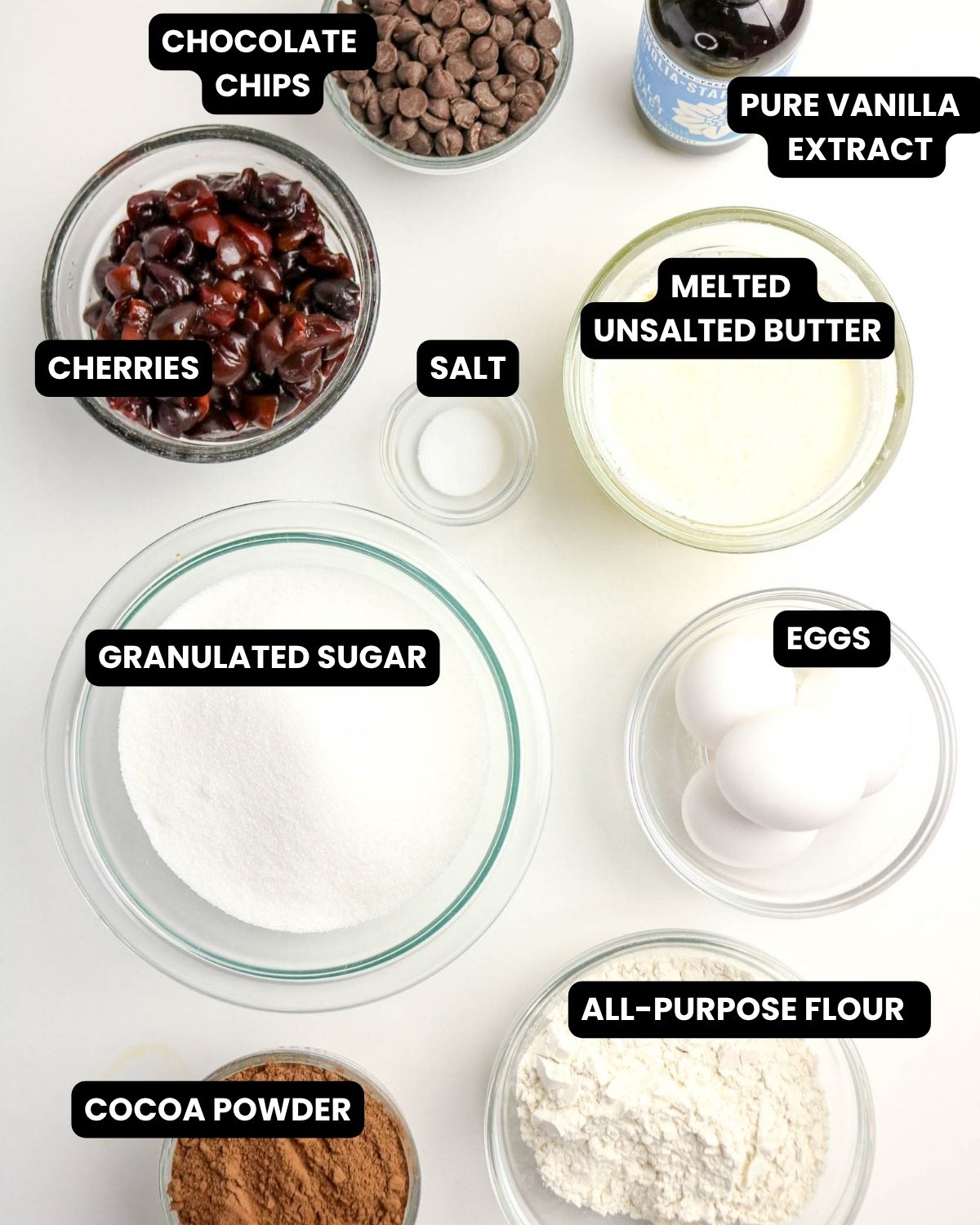 Ingredients to make cherry brownies with text overlay.