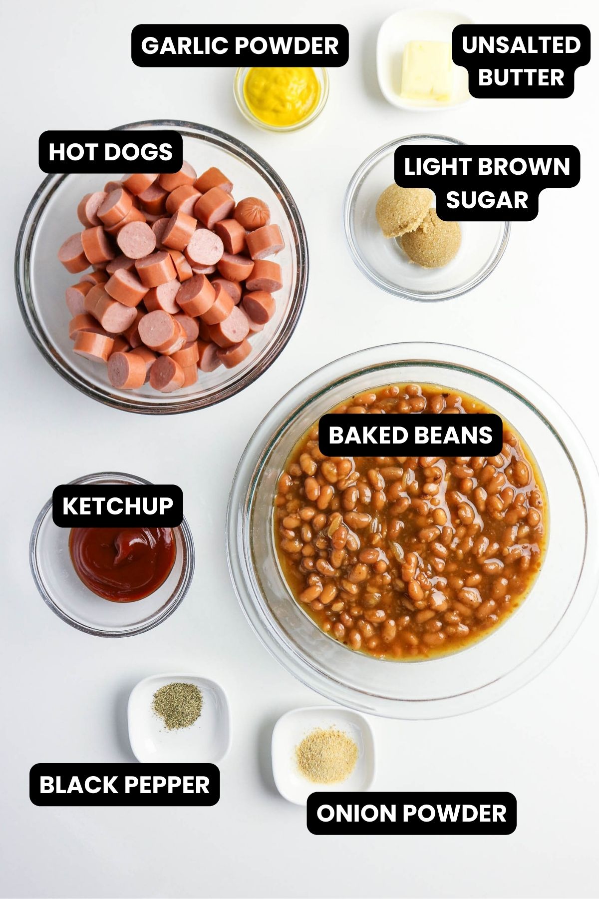 Ingredients to make beanie weenies with text overlay.