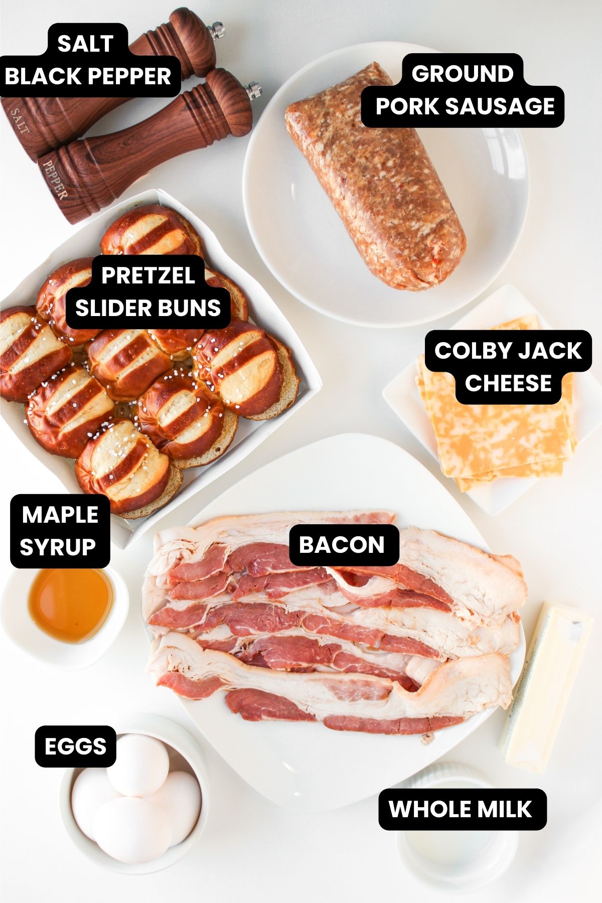 Ingredients to make egg breakfast sliders with text overlay.