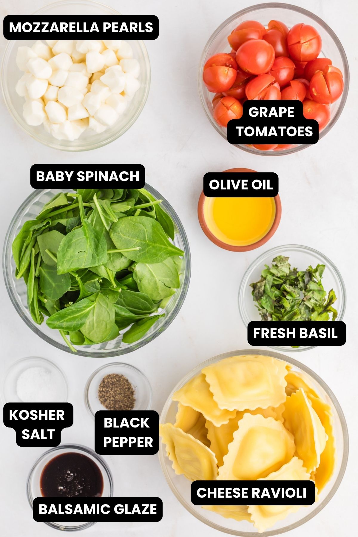 Ingredients for ravioli caprese with text overlay. 
