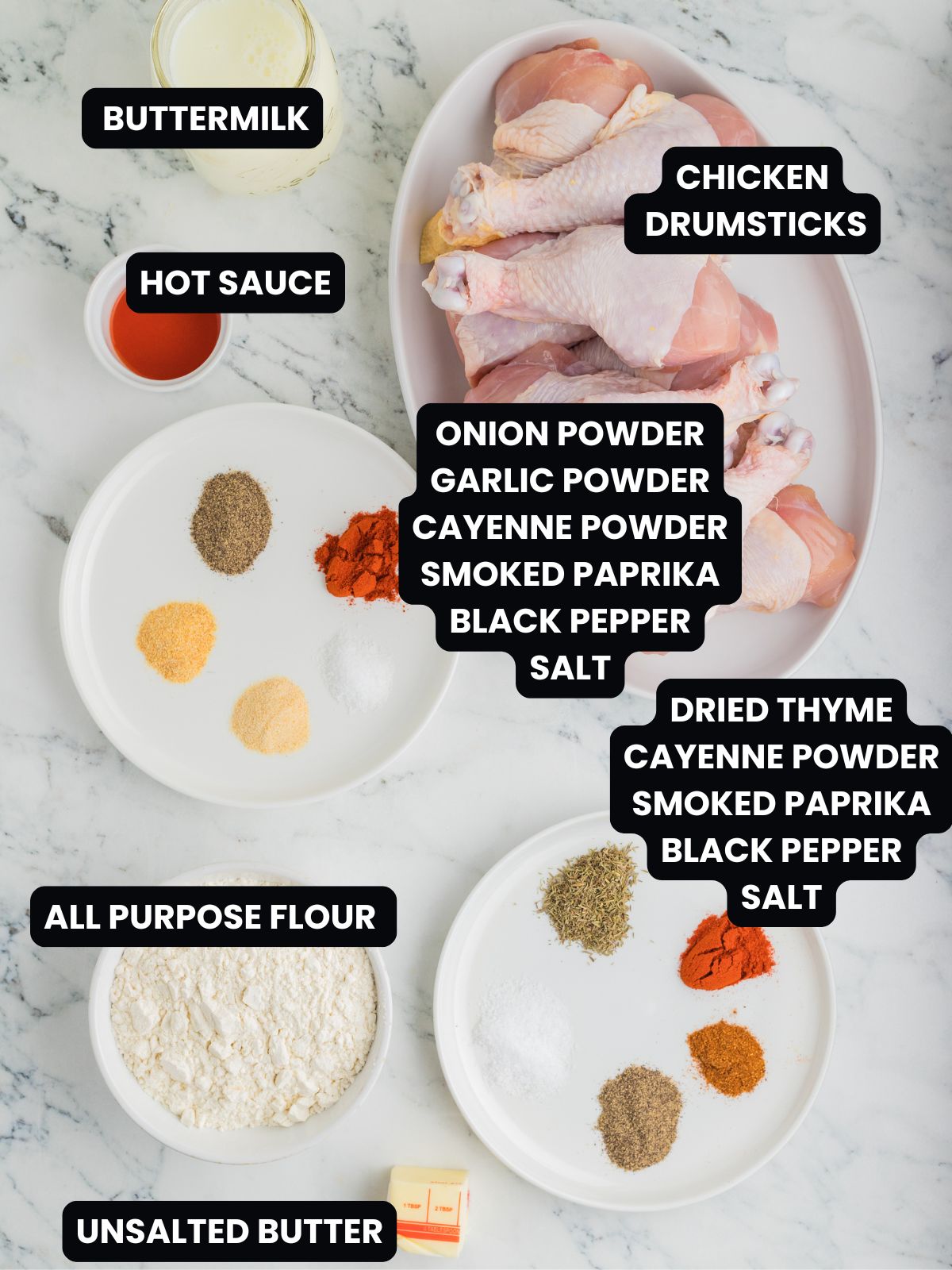 Crispy baked chicken drumstick ingredients with text overlay.