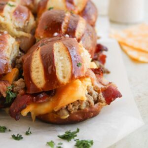 breakfast sliders on Hawaiian pretzel buns.