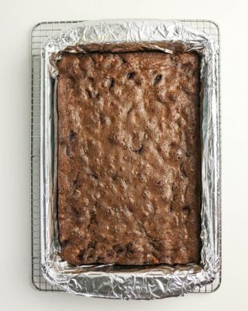 Cherry chocolate brownies baked in the oven and in a 9 x 13 in baking pan.