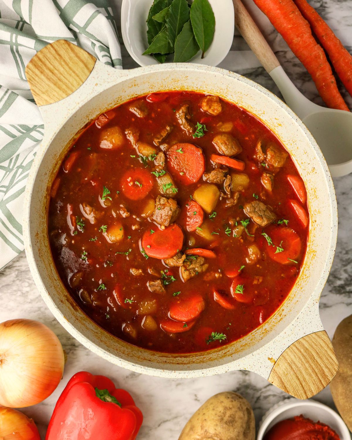 A Dutch oven with Authentic Hungarian Goulosh.