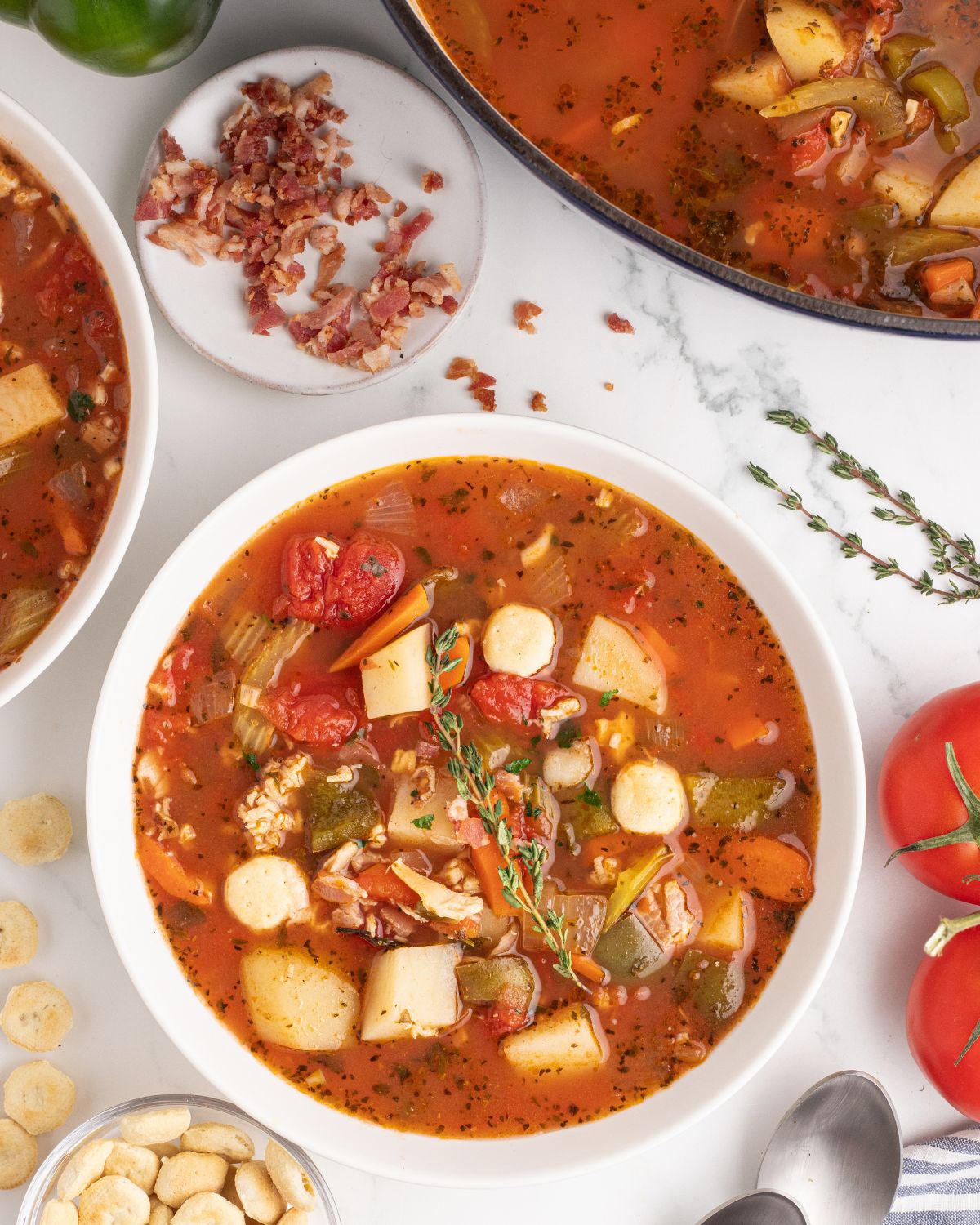 A white soup bowl with Manhattan clam chowder with a sprig of thyme.
