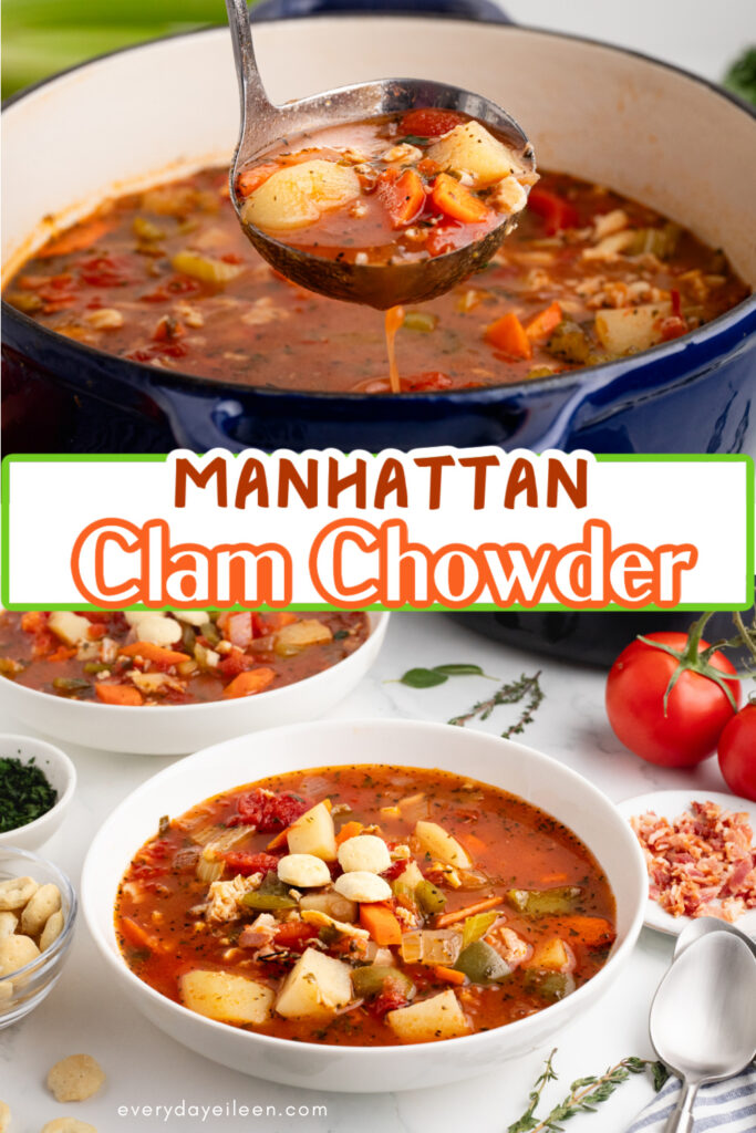 manhattan clam chowder recipe pinterest pin with text overlay