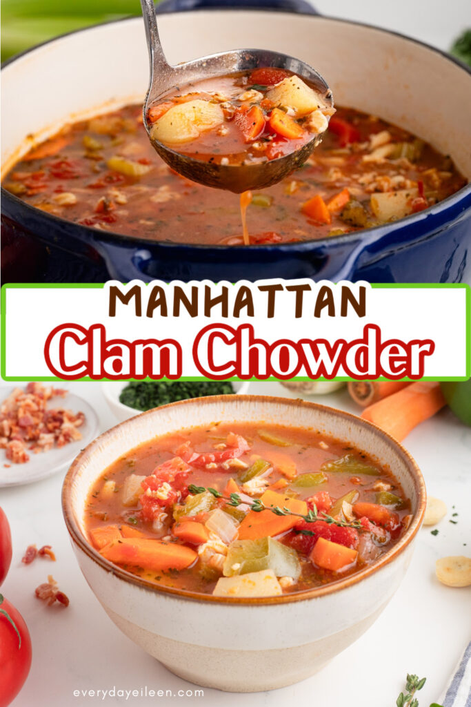Pinterest pin with text overlay for Manhattan Clam Chowder