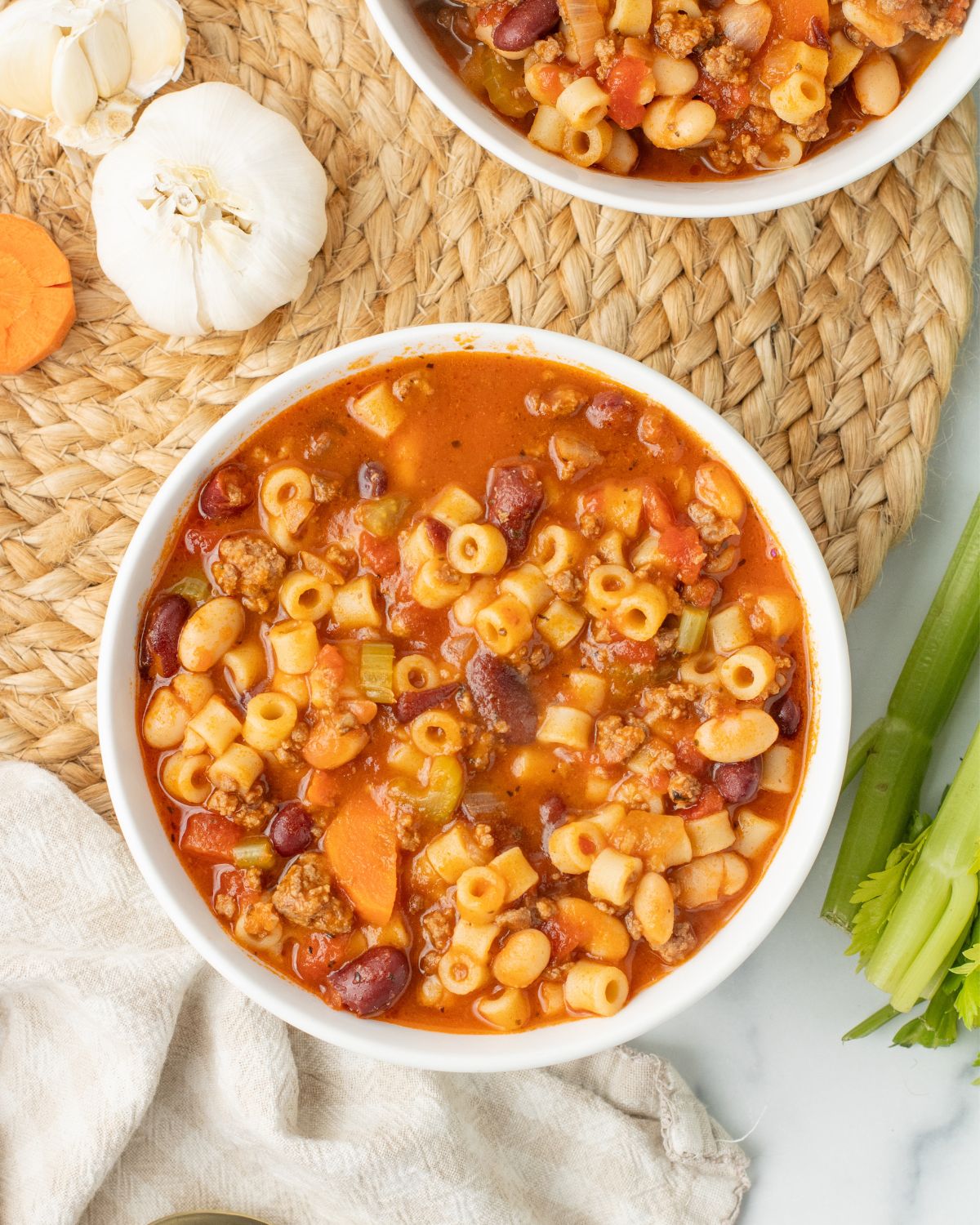 A bowl of Ditalini pasta in pasta fagioli soup.