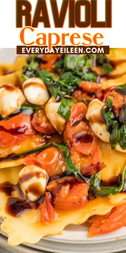 Ravioli Caprese Pinterest Pin with text overlay.