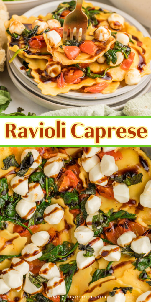 Ravioli Caprese Recipe Pinterest Pin with text overlay.