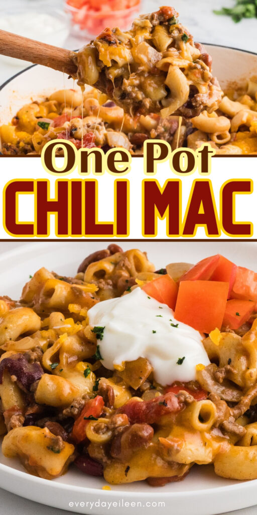 Chili Mac recipe Pinterest pin with text overlay.
