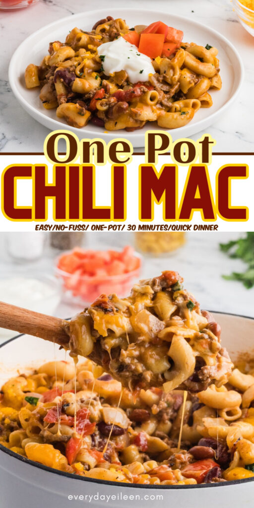 Pinterest Pin for chili mac in one pot with text overlay.