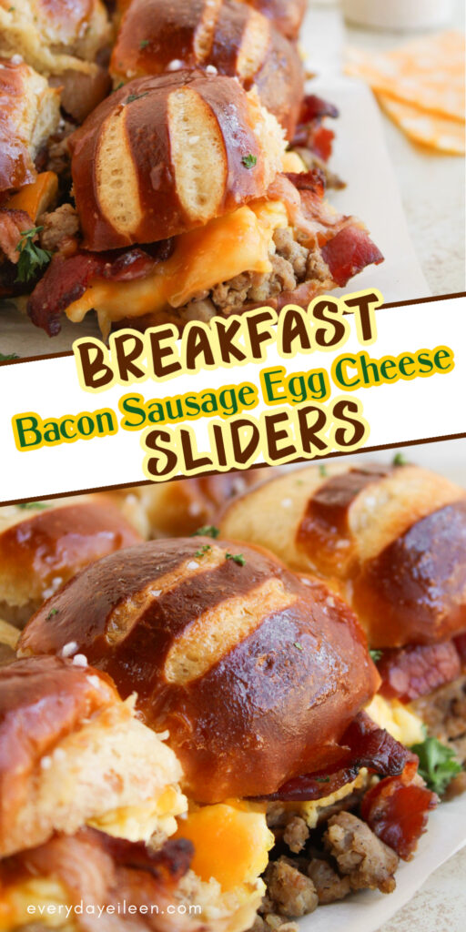 Pinterest pin for bacon, sausage, egg, and cheese sliders.
