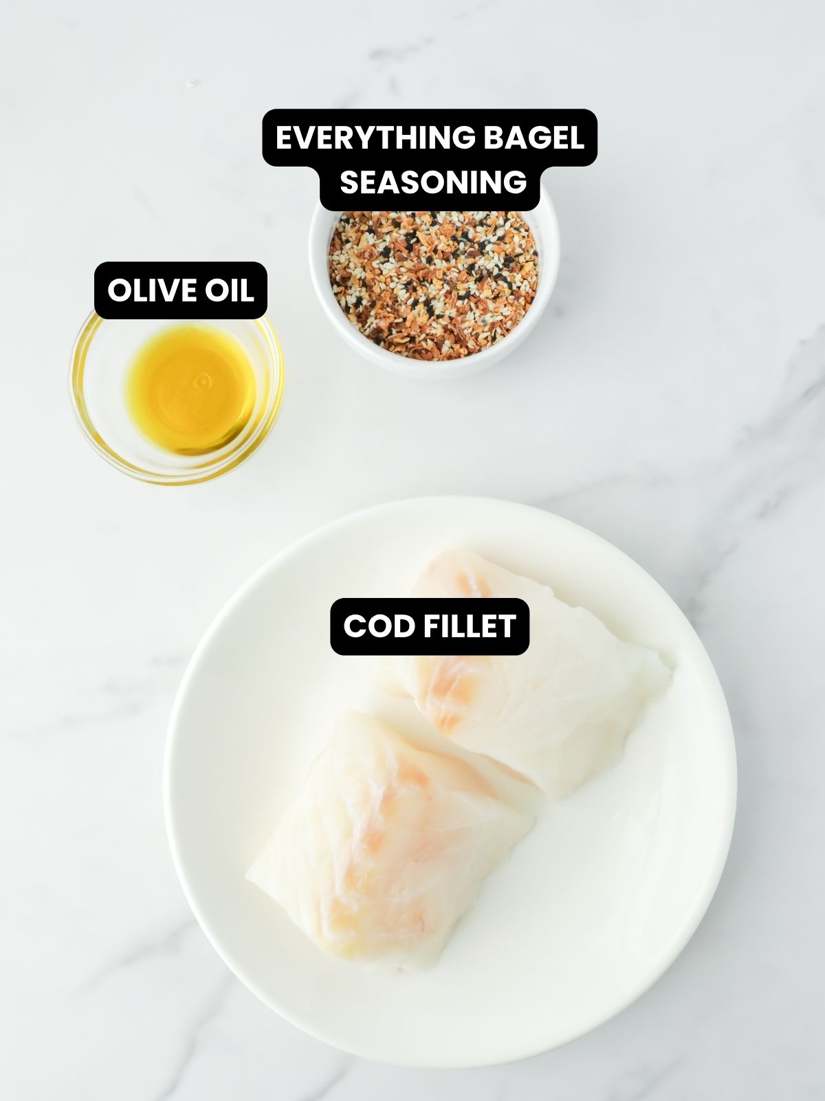 Ingredients for air fryer cod bites with everything bagel seasoning with text overlay.