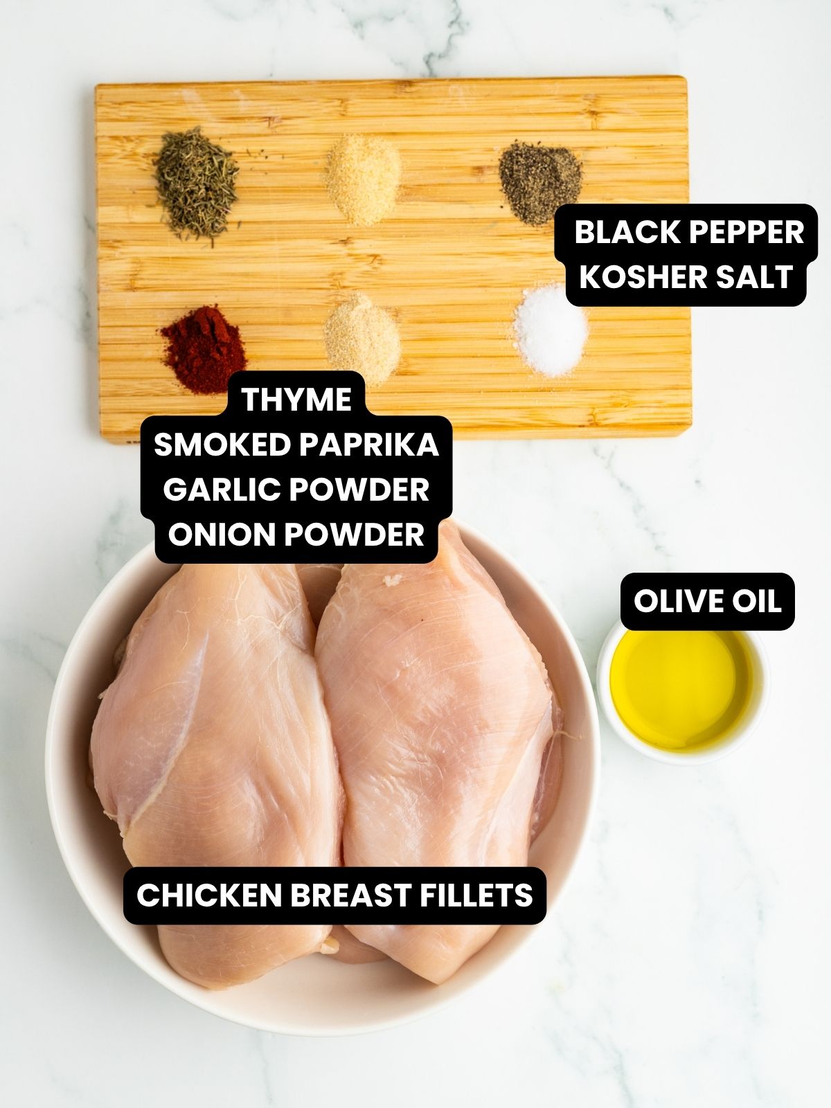 Ingredients with text overlay for chicken breasts baked in the oven.