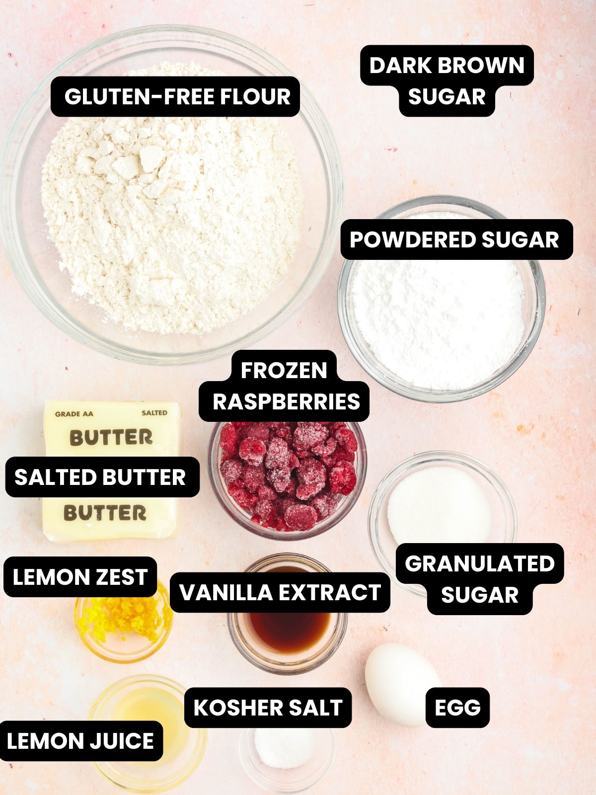 Ingredients for lemon raspberry cookies with text overlay.
