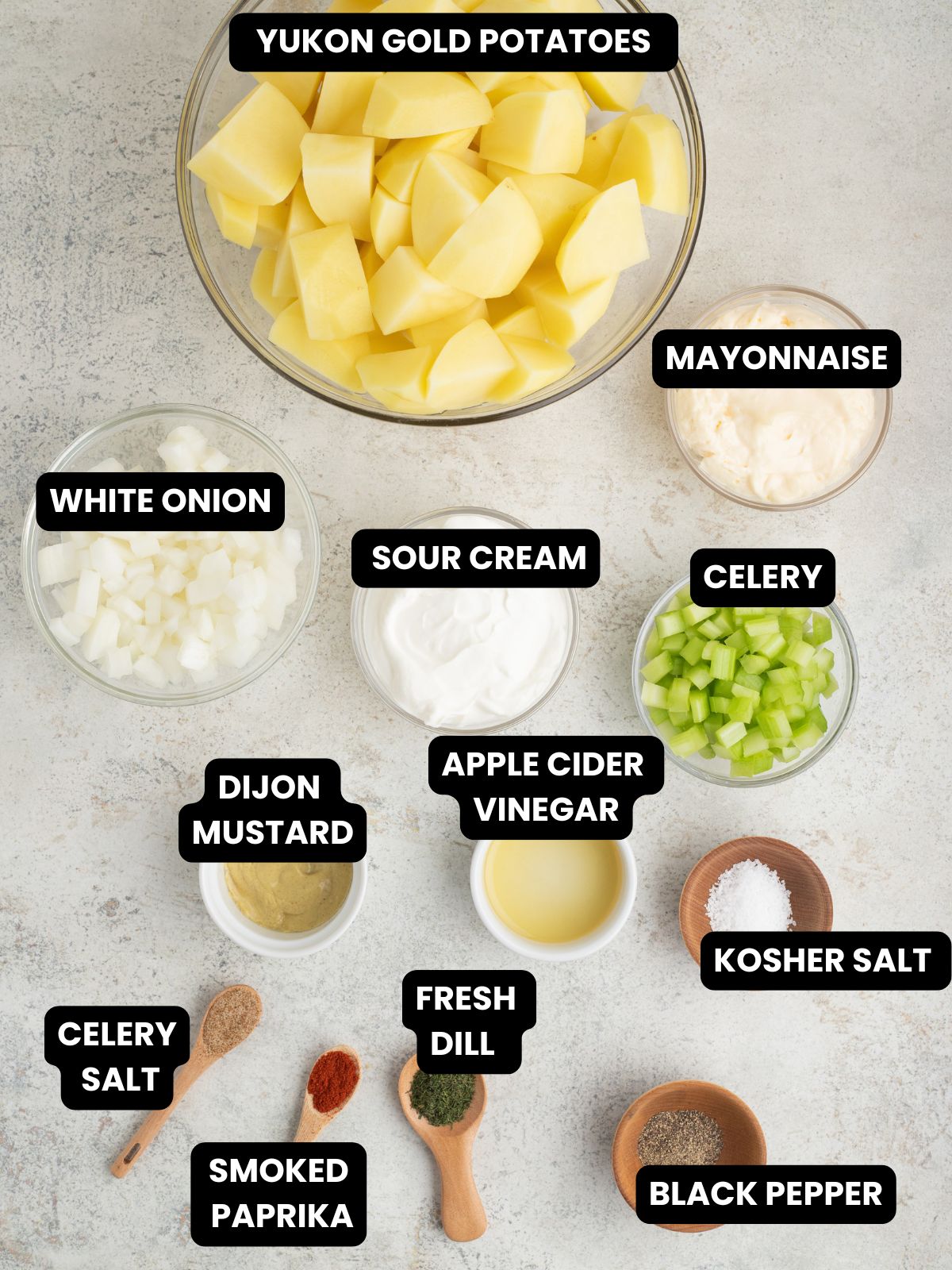 Potato salad without eggs with text overlay.