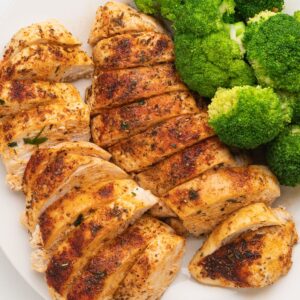 Baked Boneless Chicken Breasts with a dry rub seasoning on a white plate.