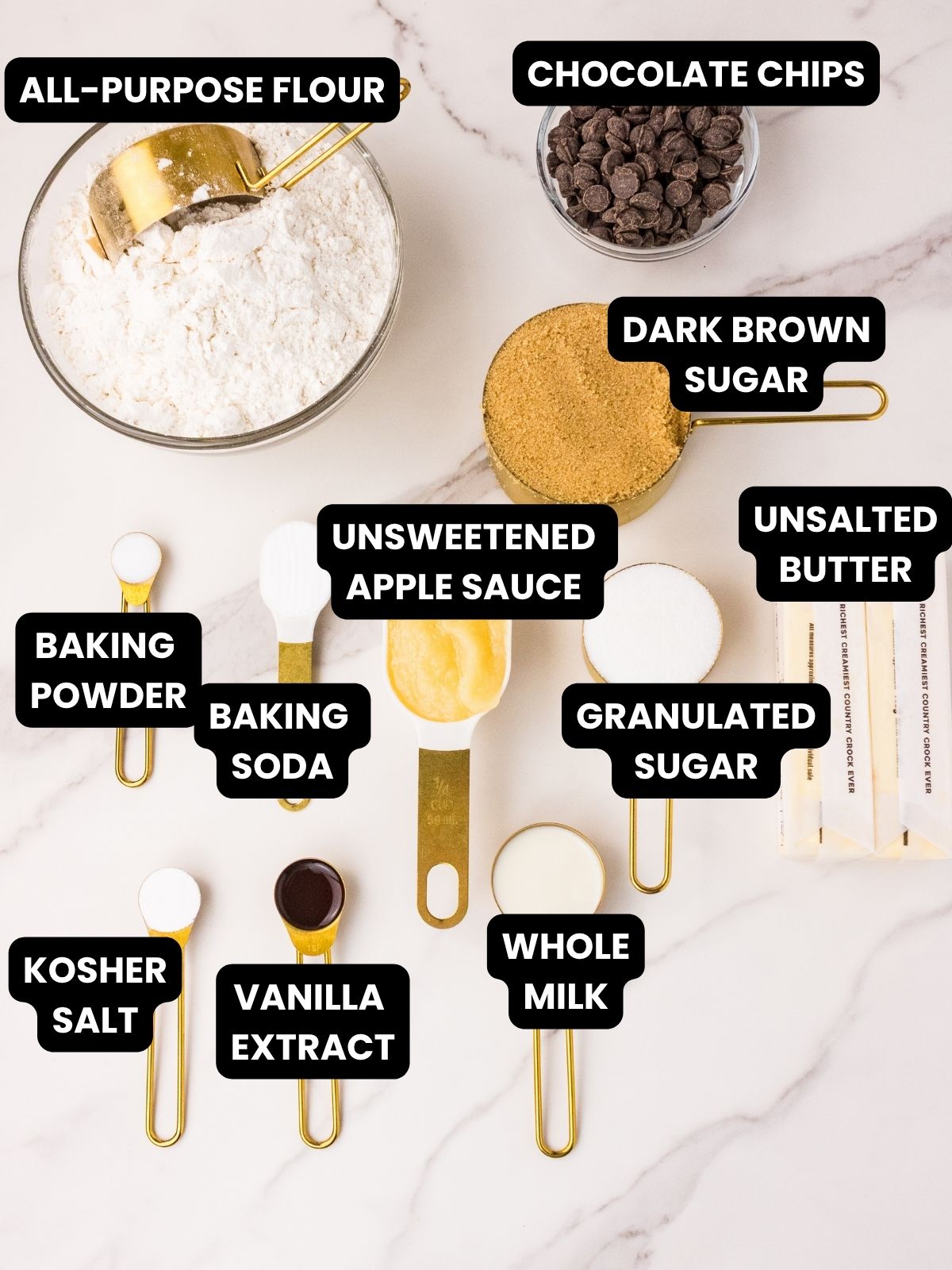 Brown Butter Chocolate Chip Ingredients with text overlay.