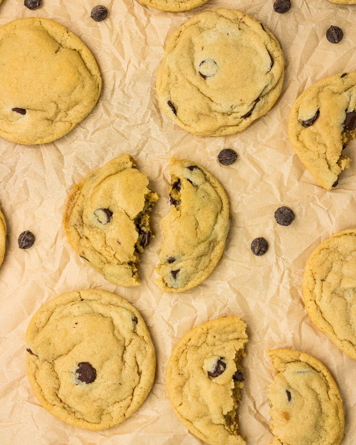 Chocolate Chip Cookies that are eggless on parchment paper.