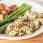 A plate of air fryer fish nuggets with everything bagel seasoning.