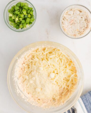Parmesan and shredded mozzarella cheese in a bowl with ingredients to make Crab Dip.
