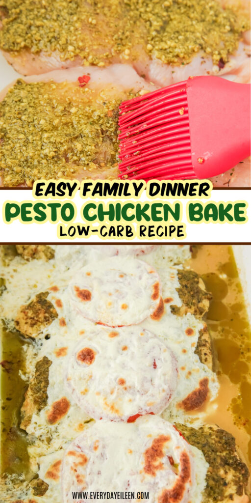 A Pinterest Pin for pesto chicken bake with 2 photos.