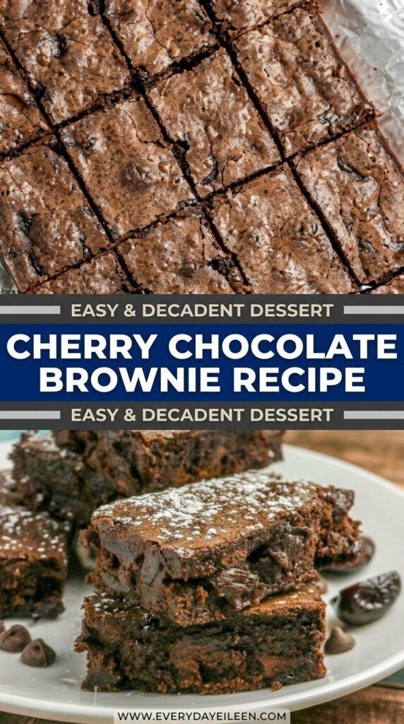Two-panel collage showing cherry chocolate brownies — one close-up of fudgy squares stacked, one overhead view of the full pan with glossy cherries on top.