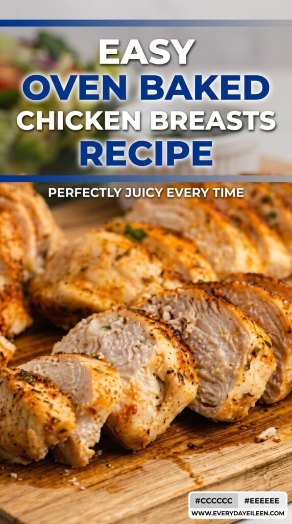 Single image poster with bold text overlay on a plated oven-baked chicken breast, styled in navy, charcoal, light gray, medium gray, and off-white tones.
