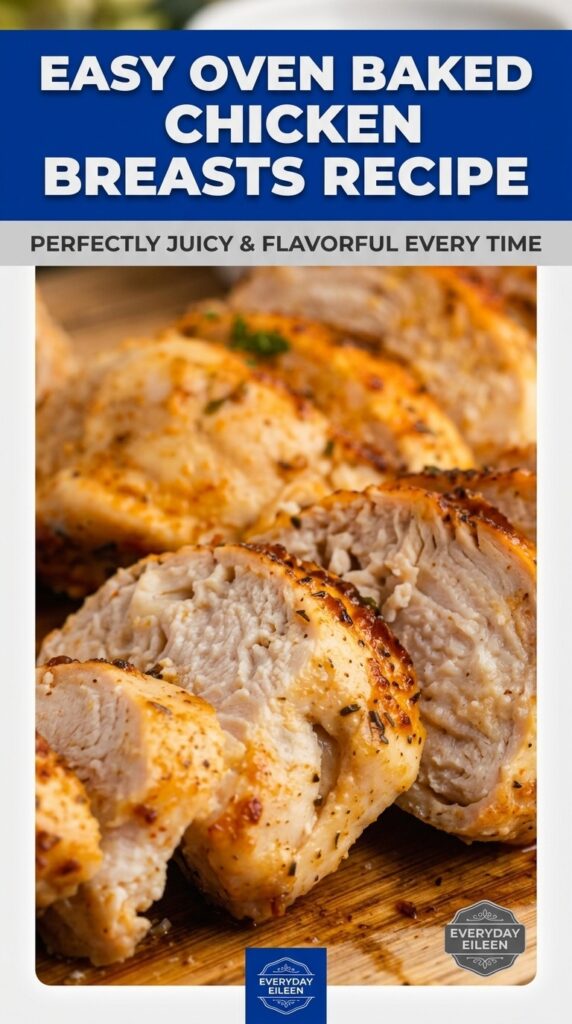 Single image poster with bold text overlay on a plated oven-baked chicken breast, styled in navy, charcoal, light gray, medium gray, and off-white tones.