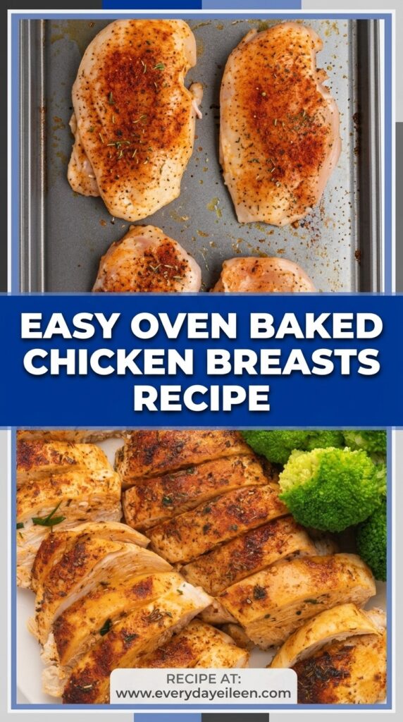 Two-panel collage showing two variations of oven baked chicken breasts, styled with deep navy, charcoal, silver, medium gray, and light gray tones.