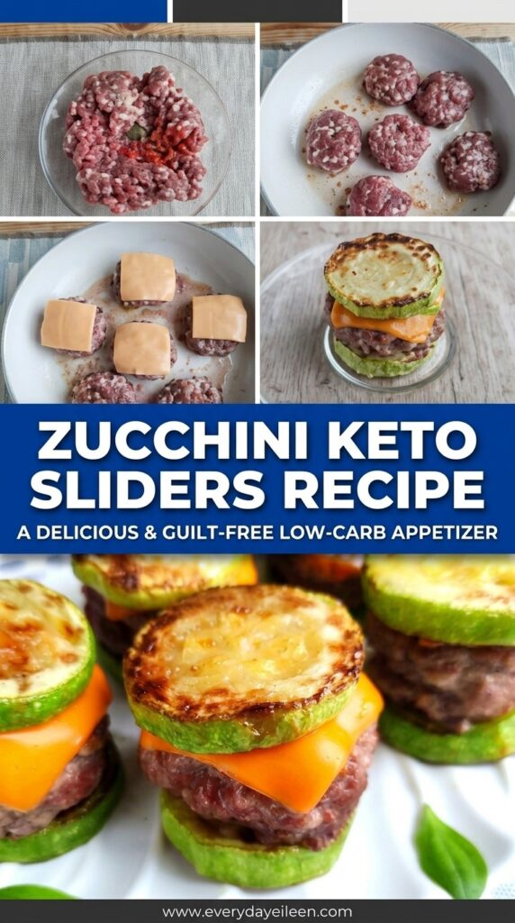 Two-panel collage showing two variations of zucchini keto sliders — mini low-carb burgers styled for a summer barbecue spread.