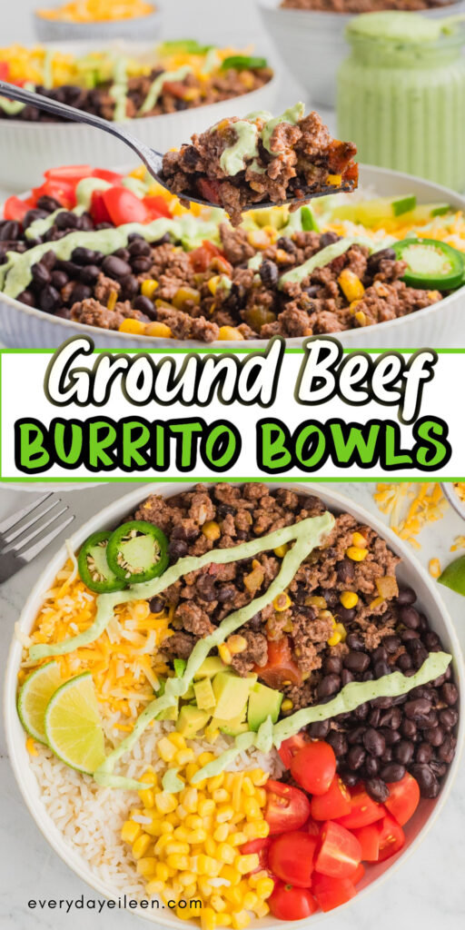 Pinterest pin for homemade beef burrito bowls