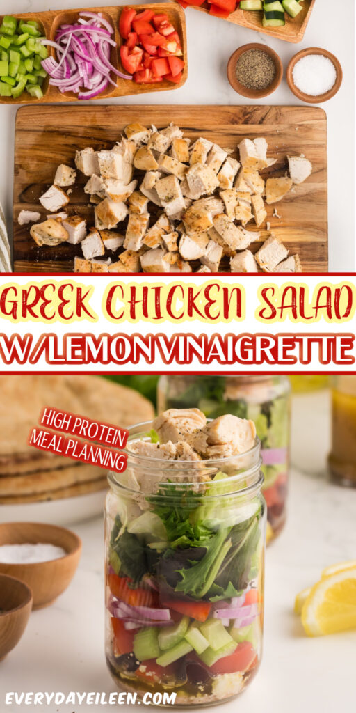 Mediterranean chicken salad with sliced chicken breast, lettuce, tomatoes, cucumbers, feta cheese, and olives drizzled with homemade dressing.