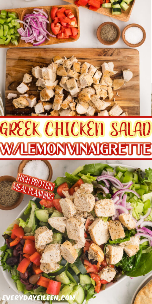 Greek chicken salad meal prep in mason jars layered with homemade dressing, vegetables, feta cheese, olives, sliced chicken, and salad greens.