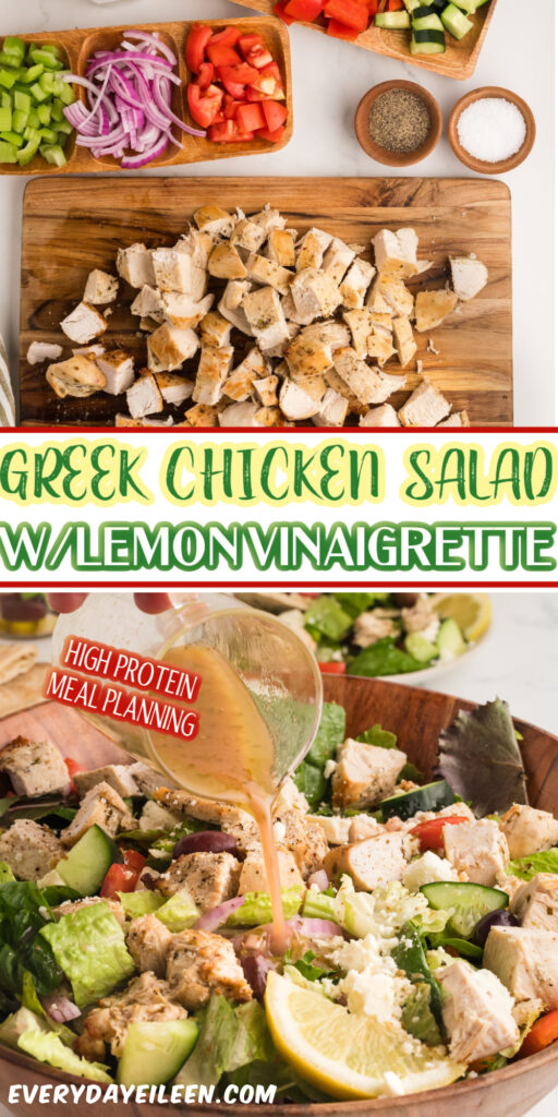 Greek chicken salad topped with homemade lemon oregano dressing, feta cheese, olives, tomatoes, cucumbers, and sliced chicken breast in a large salad bowl.