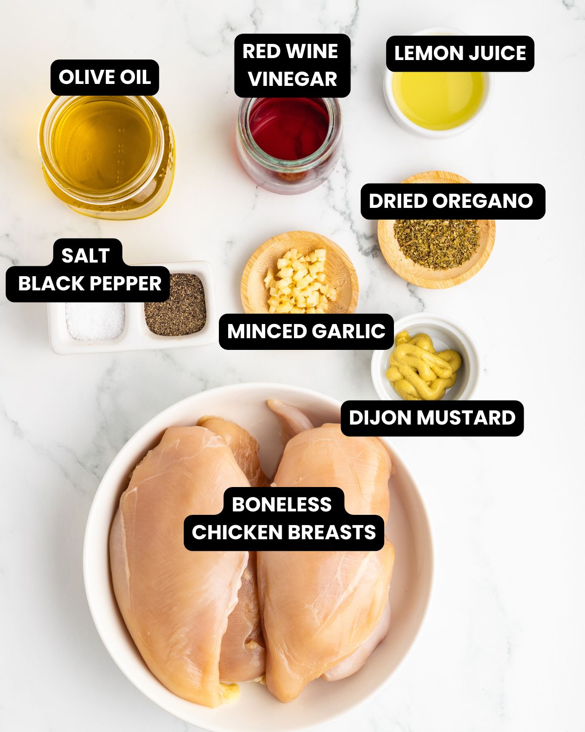 Ingredients with text overlay to make greek chicken salad.