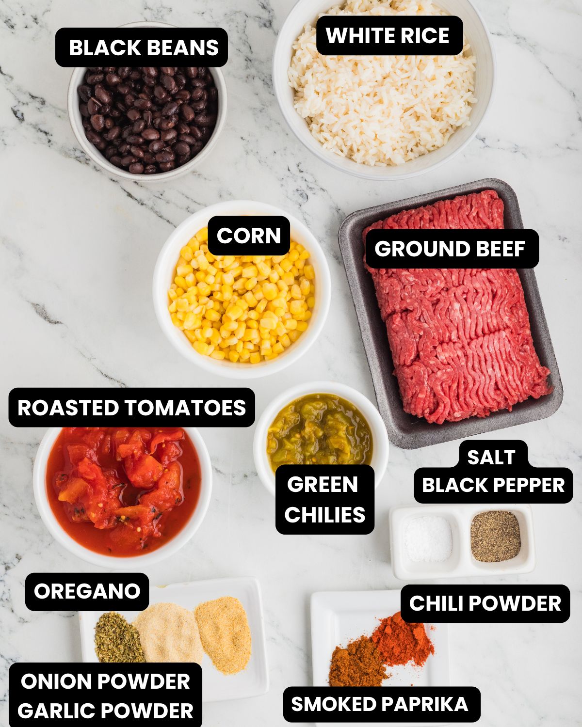 Ingredients to make Beef Burrito Bowls with text overlay.